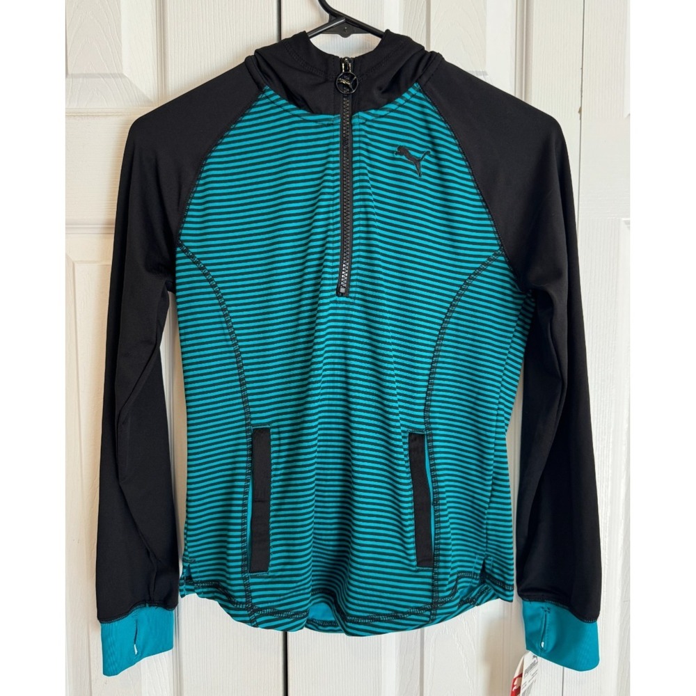 NEW Puma 1/2 Zip Hoodie Striped Shirt Teal & Black‎ Girls Size Large